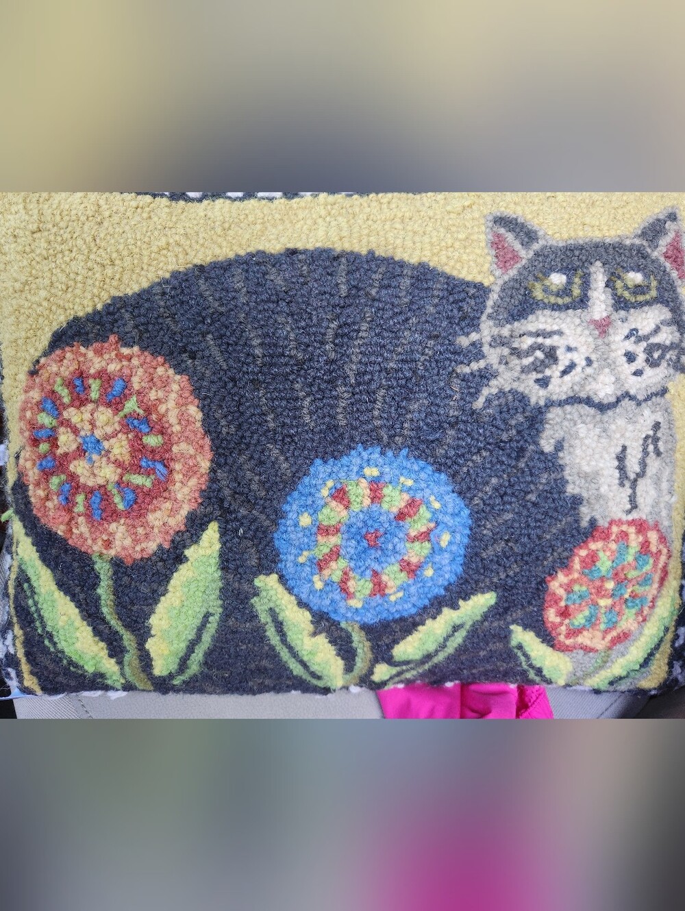 Hooked Cat Accent Pillow in Gray and Yellow - Decorative Home Pillow